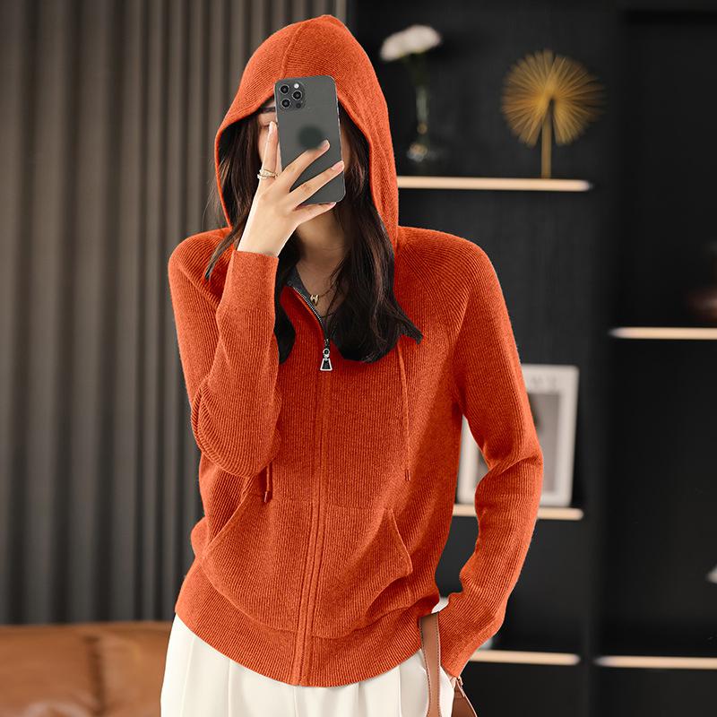 Women's Autumn and Winter Sweater Hooded Collar Thick Knitted Zipper Cardigan with Pockets Basic Wear