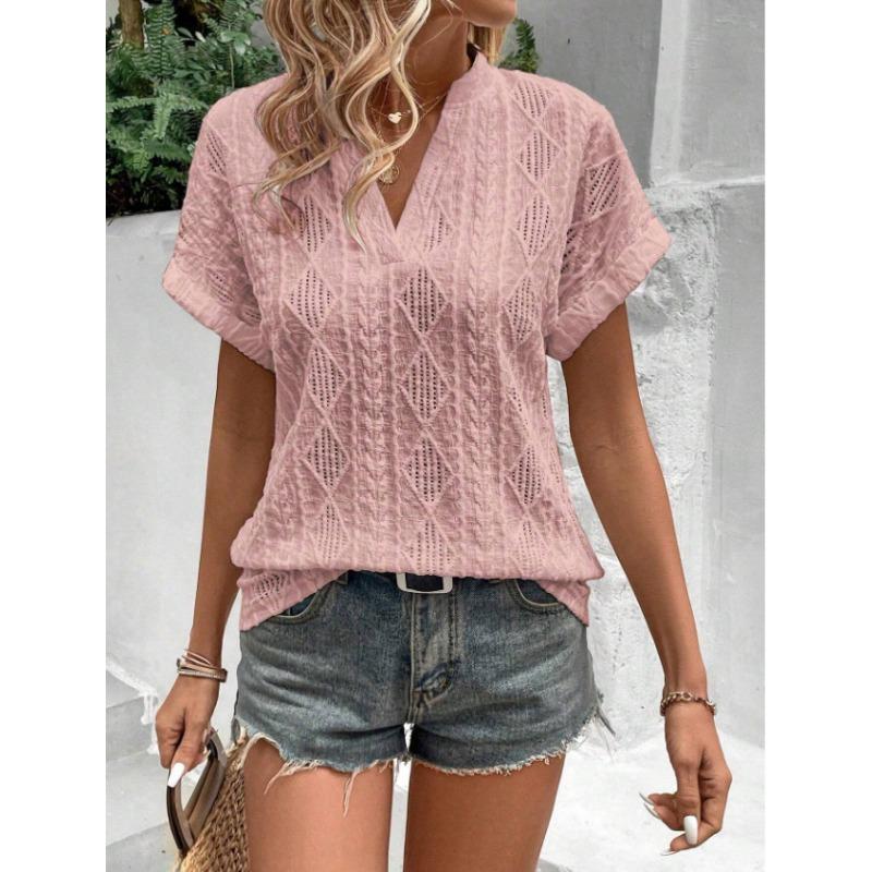 Καλοκαιρινό γυναικείο πουκάμισο Casual Hollow Jacquard V γιακά Φαρδύ κοντομάνικο