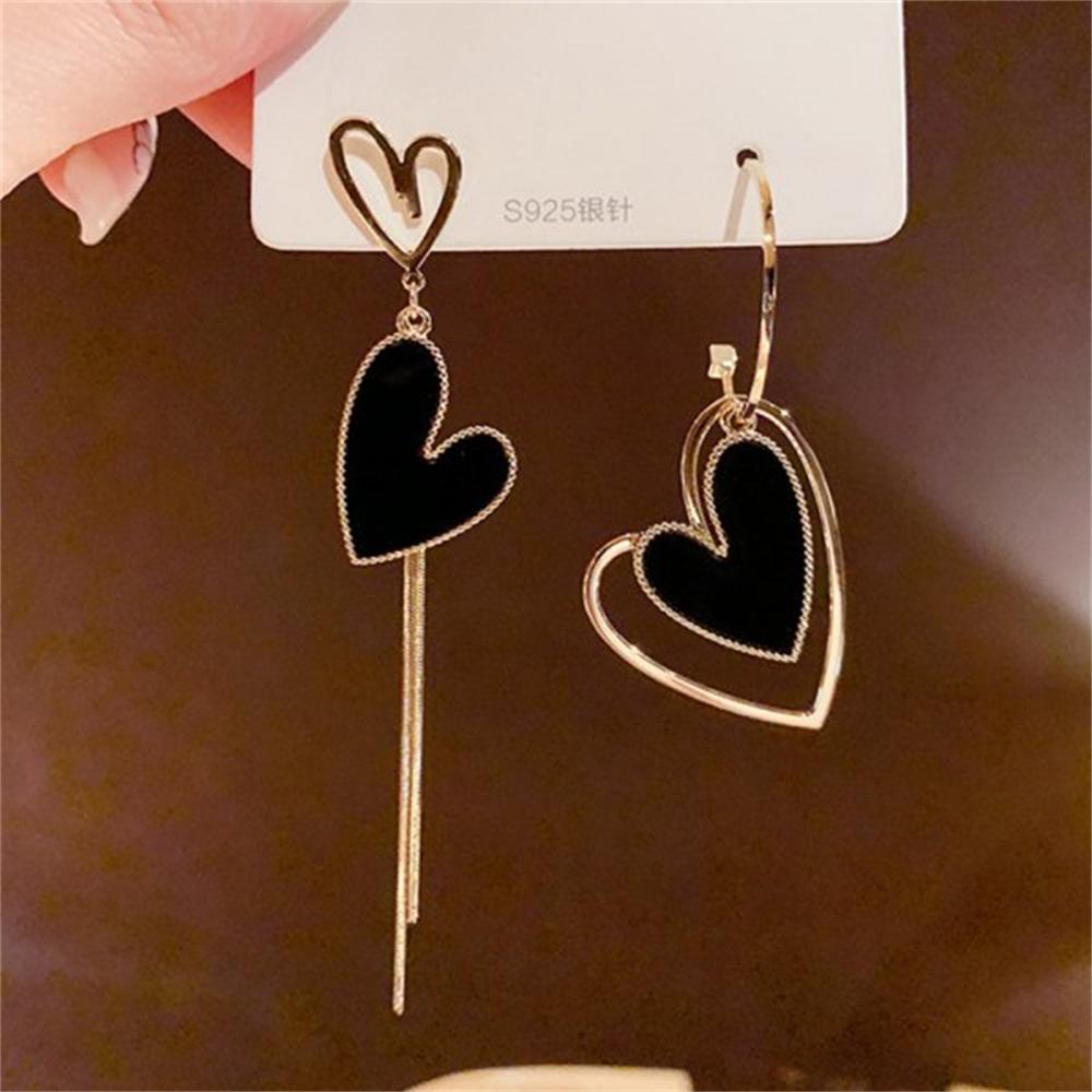 Koreaanse Zwarte Liefdeshart Kwastje Hangende Oorbellen voor Vrouw Asymmetrische Holle Olieverf Statement Oorbel Esthetische Feest Sieraden