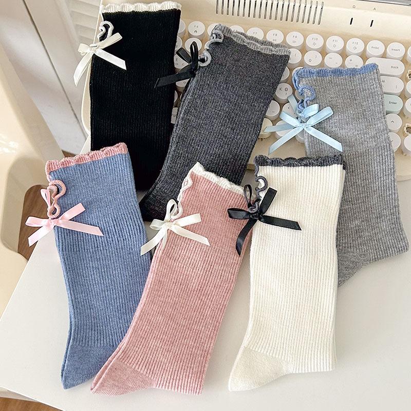 Spring Autumn Open Toe Cotton Stockings Women's Stockings Butterfly Knot Accessories Mid-Calf Stockings Casual Stockings Pile Stockings