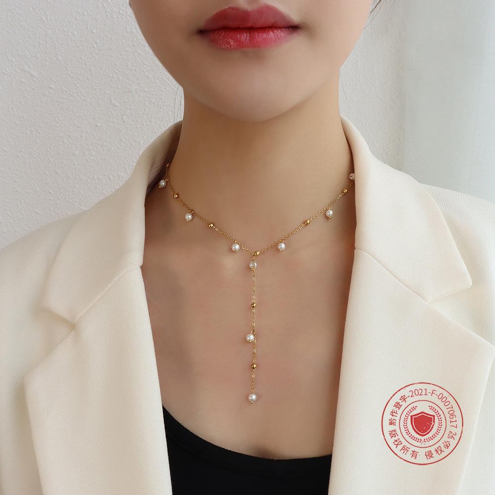 French-Inspired Imitation Pearl Tassel Necklace - Titanium Steel 18K Gold Choker, INS Style Jewelry