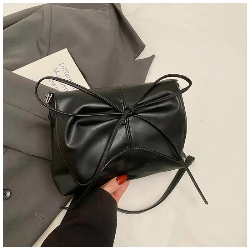 Fashi Bow Pleated Design Shoulder Bags for Women Versatile Ladies Square Crossbody Bag Solid Color Sweet Girls Pu Handbags