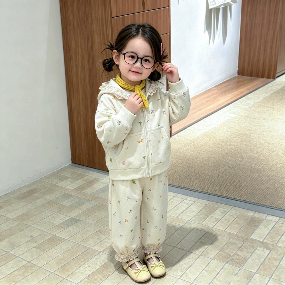 Girls Sweet Autumn Suit Baby Foreign Floral Lace Hooded Sweater Plus Casual Leggings Children'S Clothing