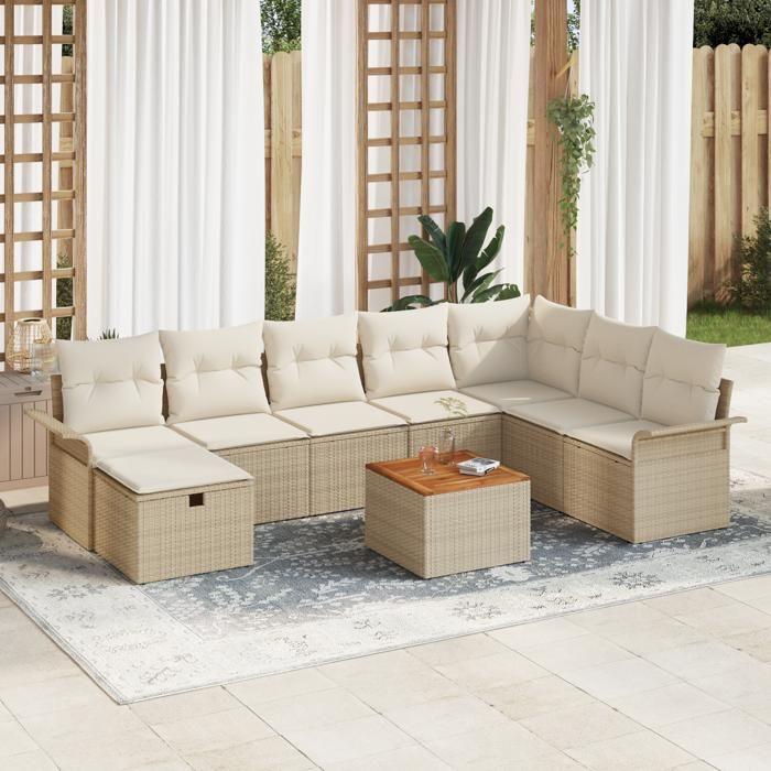 VidaXL Ensemble de Canapés de Jardin 9 Pièces avec Coussins Beige Poly Rattan 3359470
