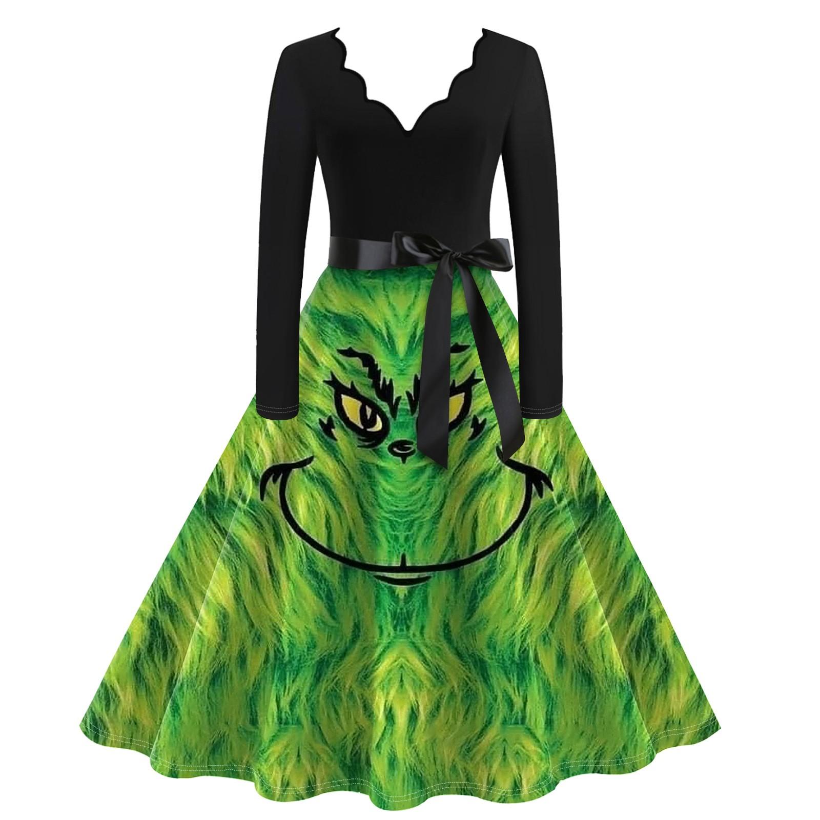 

Женское повседневное модное винтажное платье с V-образным вырезом и длинным рукавом с рождественским принтом M