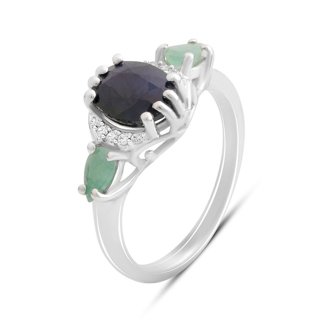 Серебряное кольцо с натуральным сапфиром 2.135ct, изумрудом, фианитами, вес изделия 3,01 гр (2180838)