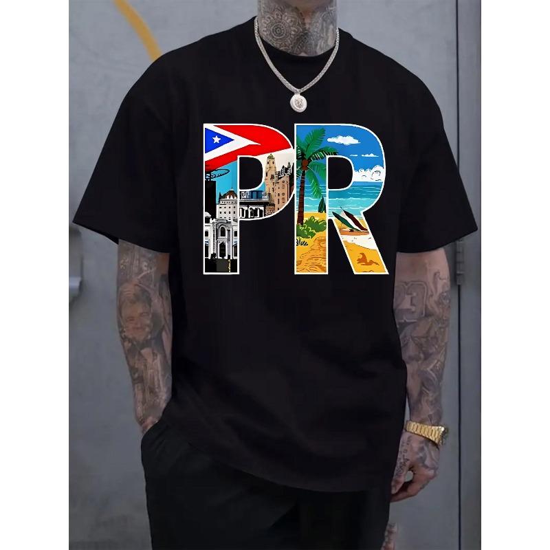 

Men S Top Featuring Puerto Rican Letter Illustrations, Casual Short-Sleeve Round-Neck T-Shirt, Suitable for Summer And Spring 4XL чорний