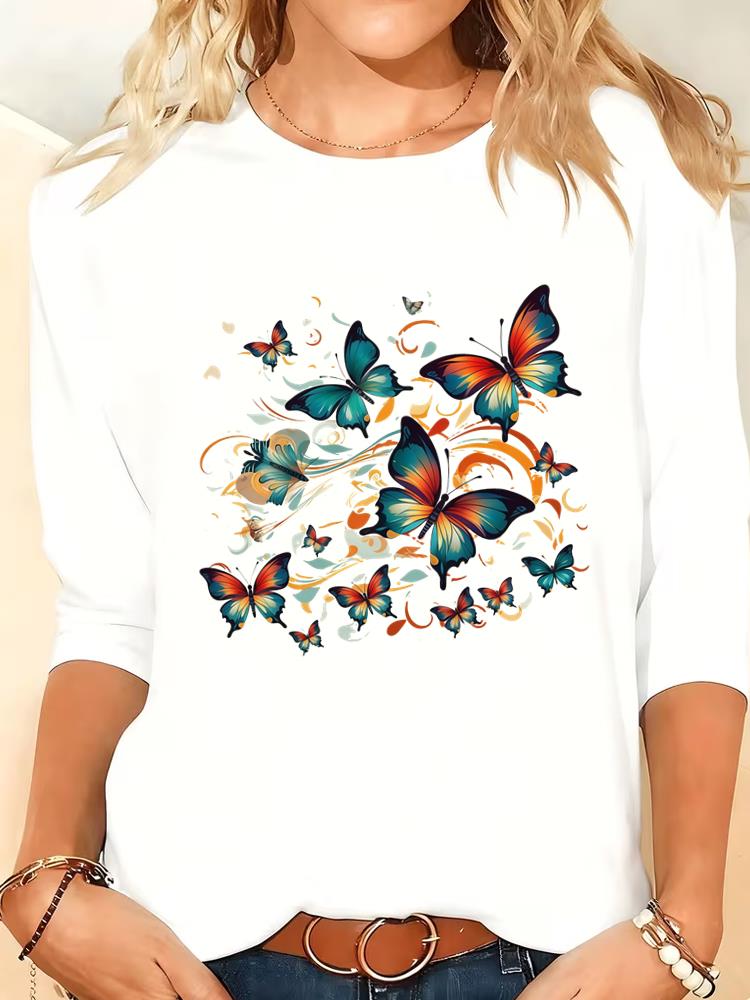 

(Asian Size) Print autumn winter spring 90s butterfly Women Female Clothing Casual Tee o-neck Long Sleeve T Shirt Fashion Top Graphic T-shirts S