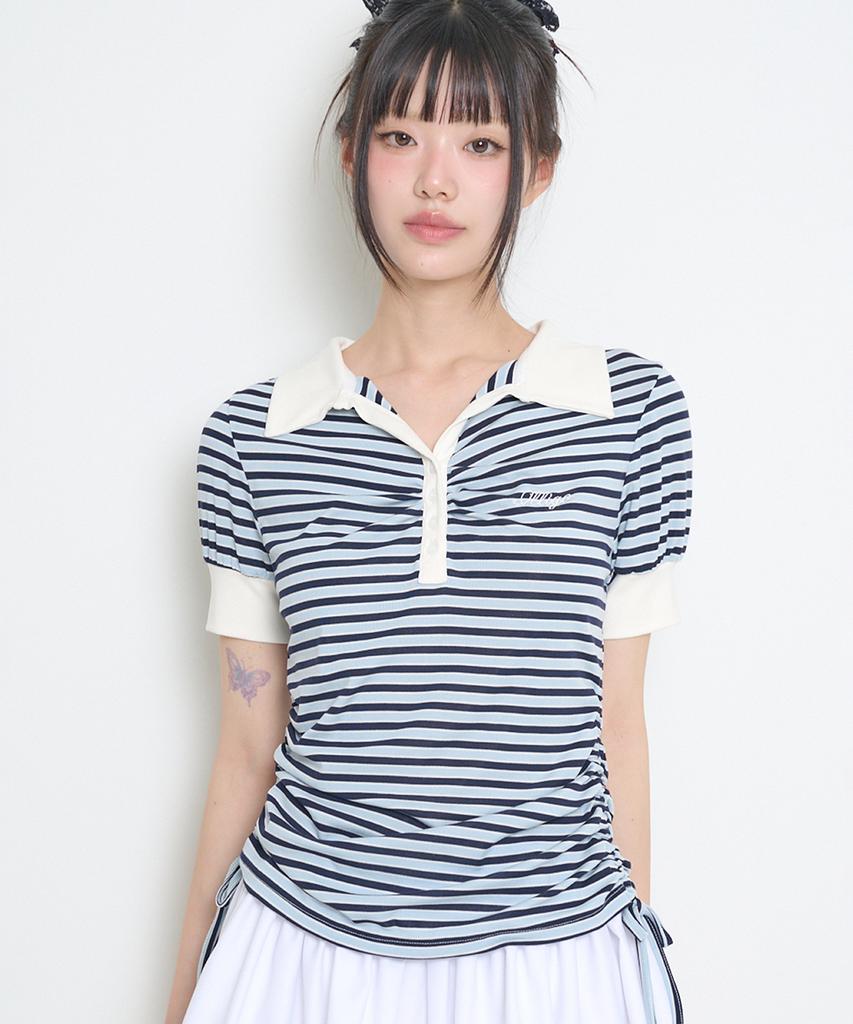 ILLIGO Striped Shirred Collared Tee Sky