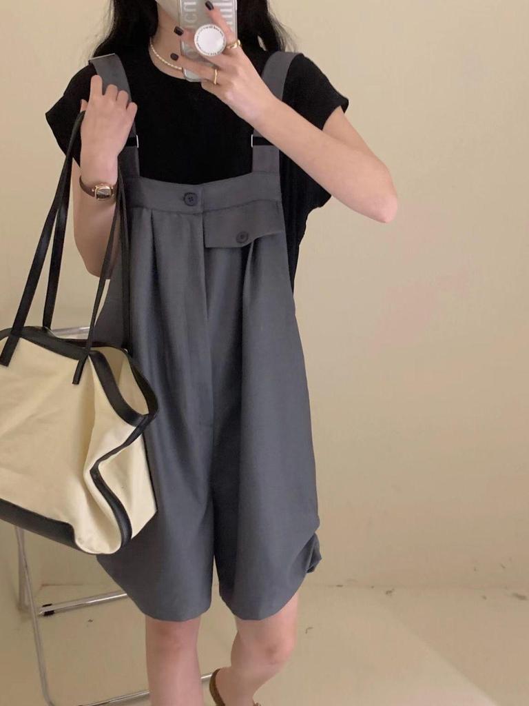 French Summer Women's Slim Korean Style Wide-Leg Casual Overall Shorts