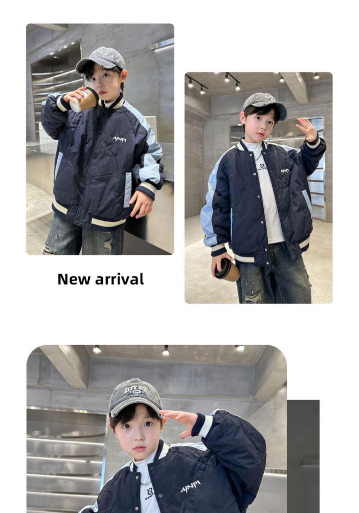 Gepolsterte doppellagige Baumwoll-Baseballjacke für Jungen - Herbst/Winter 2025, Verdickt für mittelgroße bis große Kinder