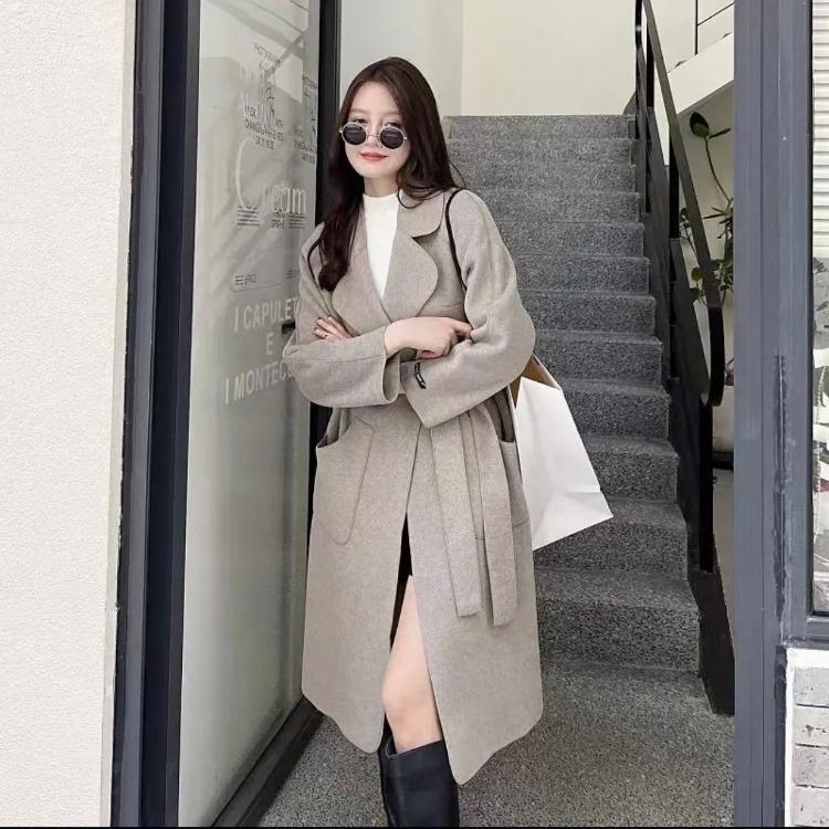 Women Wool Coat Warm Fashionable Belted Autumn Outerwear