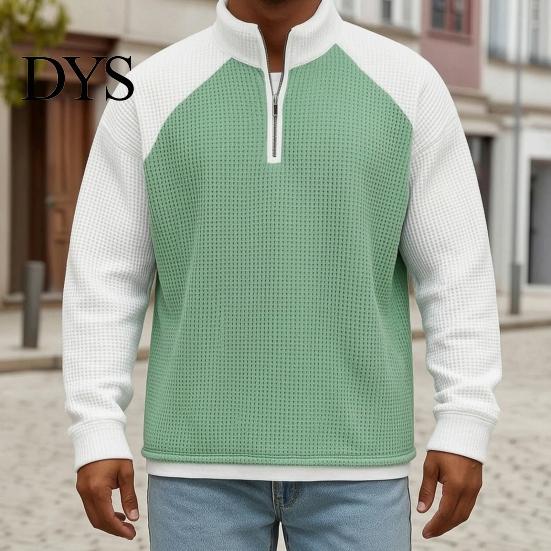 Breathable Outdoor Activewear Men Waffle Sweatshirt, Long Sleeve Quarter Zip Contrasting Color Mens Sweatshirt Casual Stand Collar Pullover Shirt for