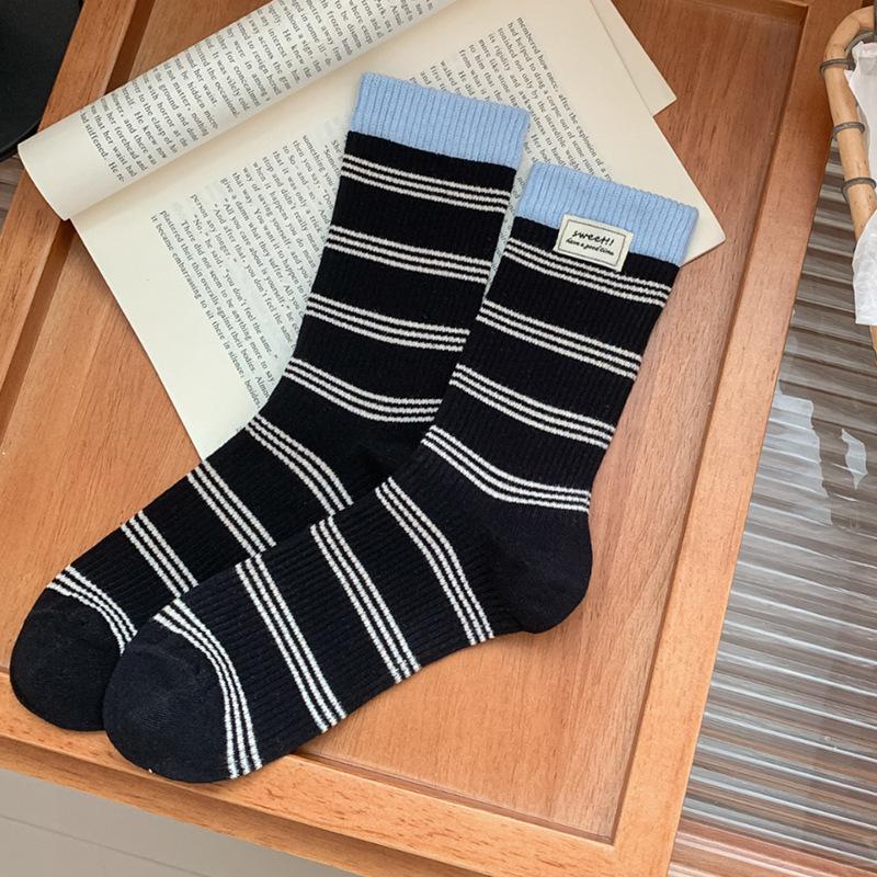Women s Korean Style Striped Cotton Mid-Calf Socks – Colorful, Trendy & Breathable for Early Spring One Size