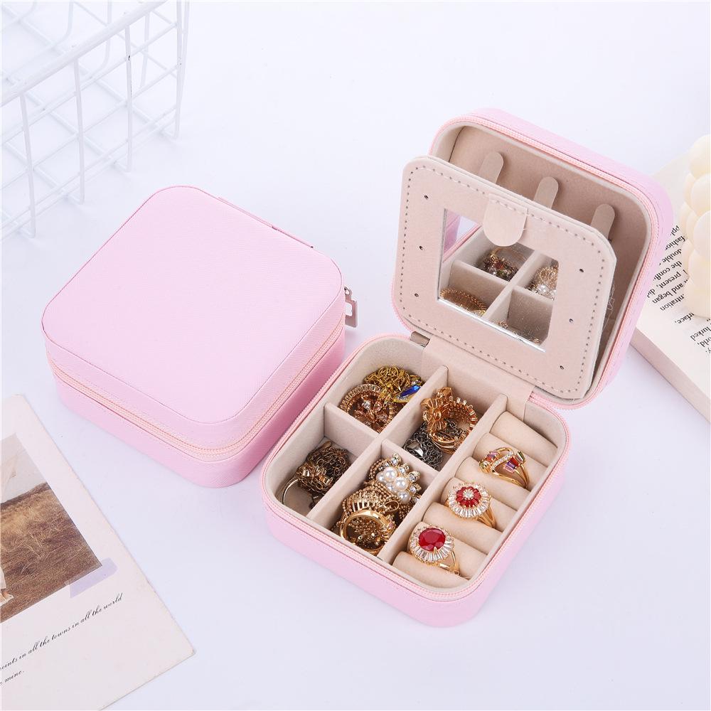 Compact Zippered Jewelry Box with Mirror – Stylish Travel Case for Rings, Earrings, and Accessories