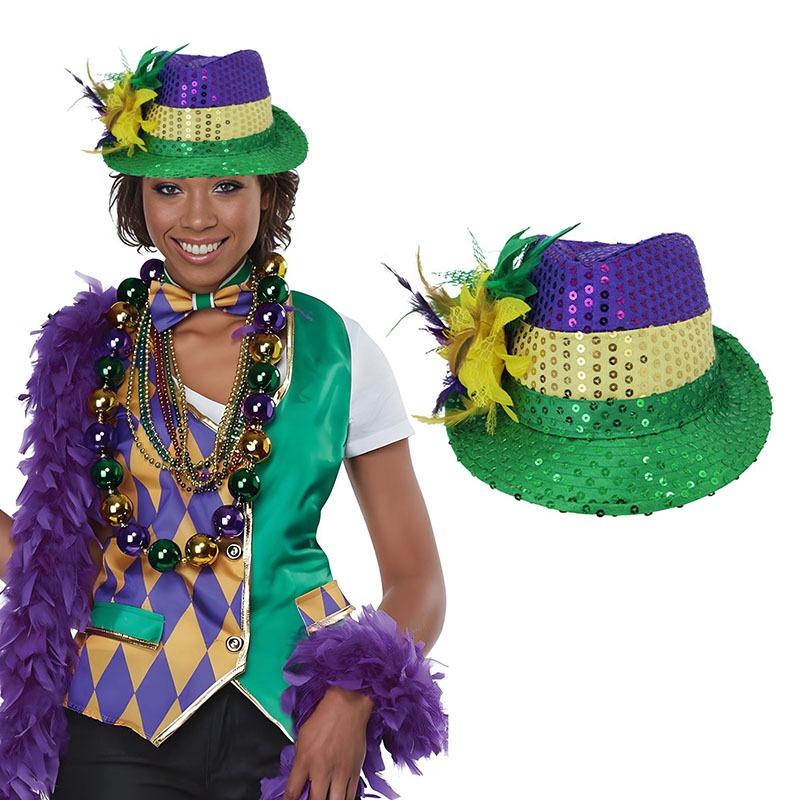Mardi Gras Sequin Hat Gold Green Feather Head Hoop Headband Top Hat Costume Accessories Party Dress Decor Christmas Party Cap