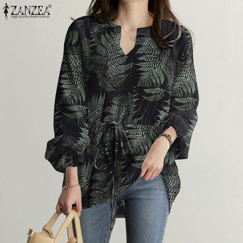 

ZANZEA Женская блузка Свободный повседневный V-образный вырез с длинным рукавом Принт Туника Рубашки