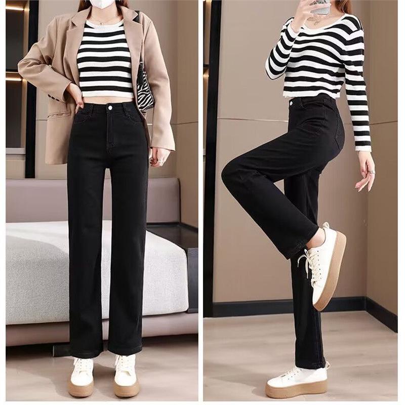 Women's High-Waisted Fleece-Lined Black Straight-Leg Jeans - Slimming, Loose Fit for Autumn & Winter