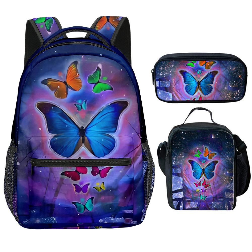 Klassiek Nieuwigheid Cool Mooi vlinder 3D Print 3 stuks/Set Student Schooltassen Laptop Rugzak Crossbody Lunchtas Etui