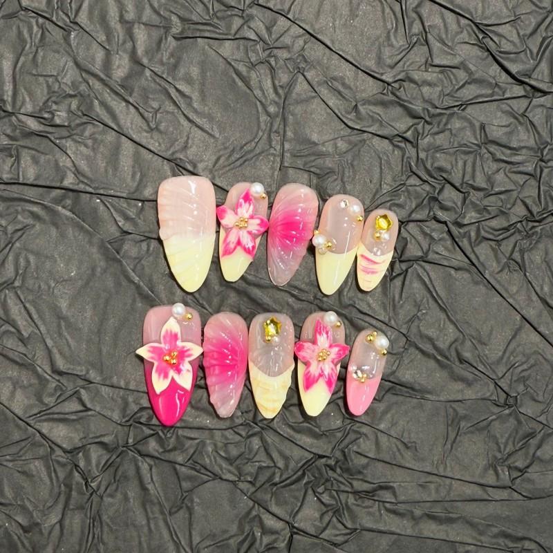Handcrafted 3D Floral Embossed Almond Shape Removable Press-On Nails Women Small