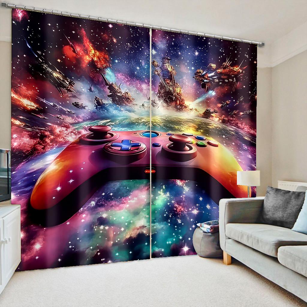 3D Galaxy Gamepad Vorhänge 2 Paneele Bunter Universum Sternen Druck Sonnenschutz Schlafzimmer Dekor Gamer Favorit Sci-Fi Weltraum Thema