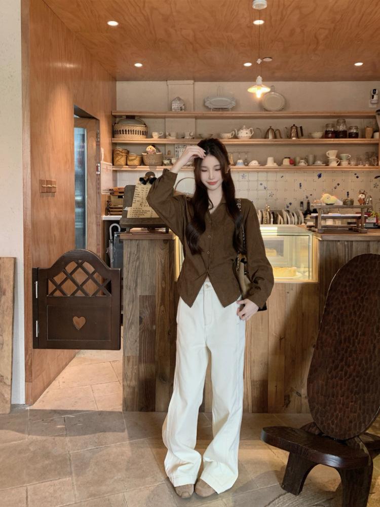 Autumn/Winter Korean Corduroy Tie-Up Lapel Shirt for Women - Elegant, Slimming, Chic, and Versatile Top