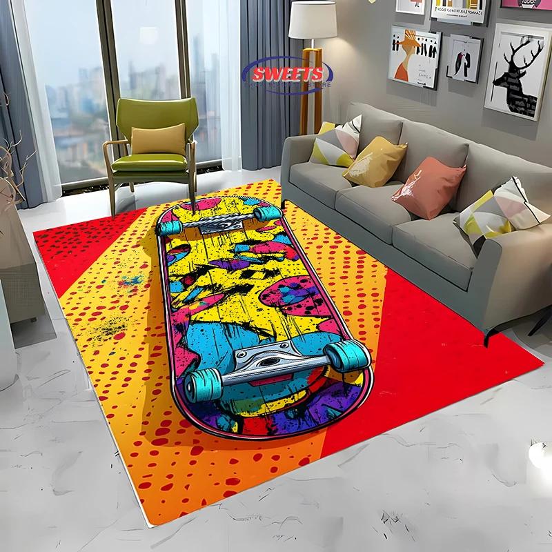 1 Stück Junge Mode Skateboard Print Bereichsteppich, Teppich für Zuhause Wohnzimmer Kinderzimmer Sofa Dekor, Kinder Spiel Rutschfeste Bodenmatte