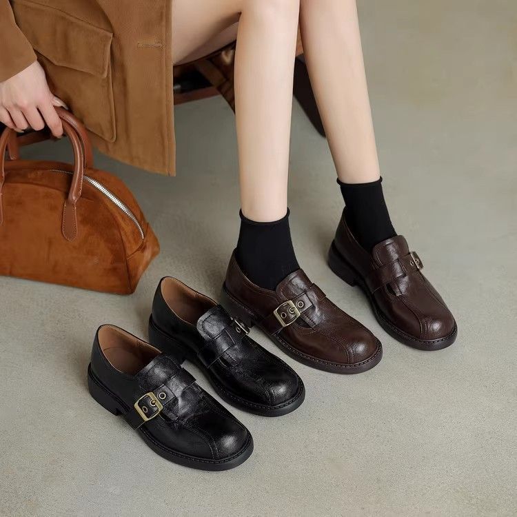 Retro Belt Buckle Round Head Small Leather Shoes Women's 2025 Spring and Autumn One-pedal Single Shoes British Loafers Black Dark Brown