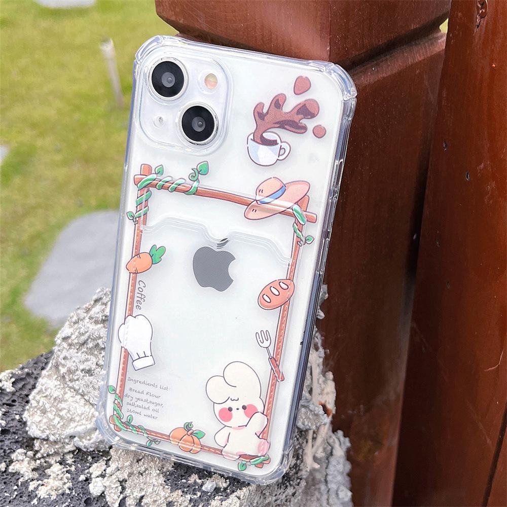 Rabbit 15-Card Slot Coffee Bread iPhone 12/13 Phone Case: Fits iPhone 11/13, XR/XS Max Transparent Design