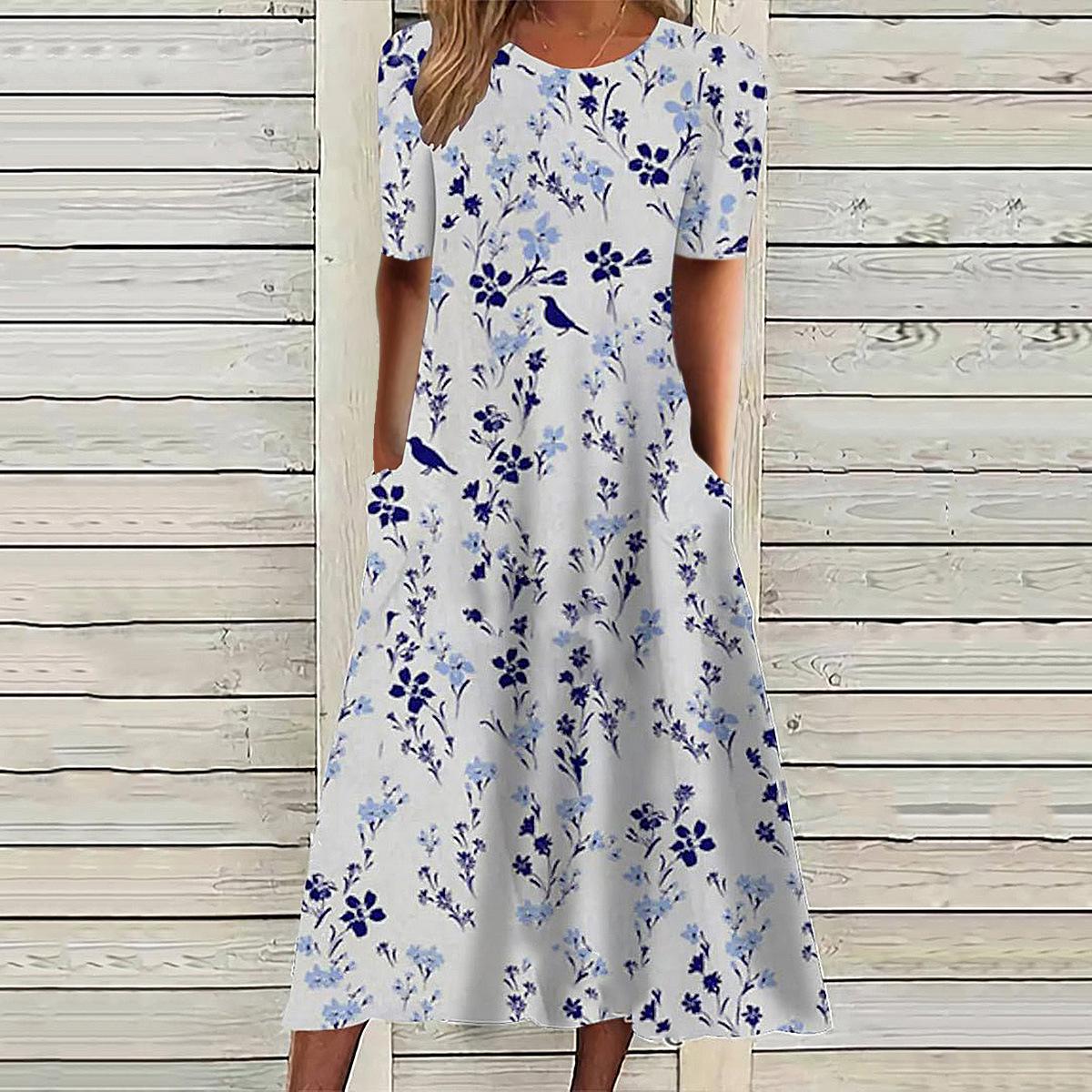 

2026 Women s Summer Casual Dress with Print, Round Neck, Elegant Style, and Pockets S
