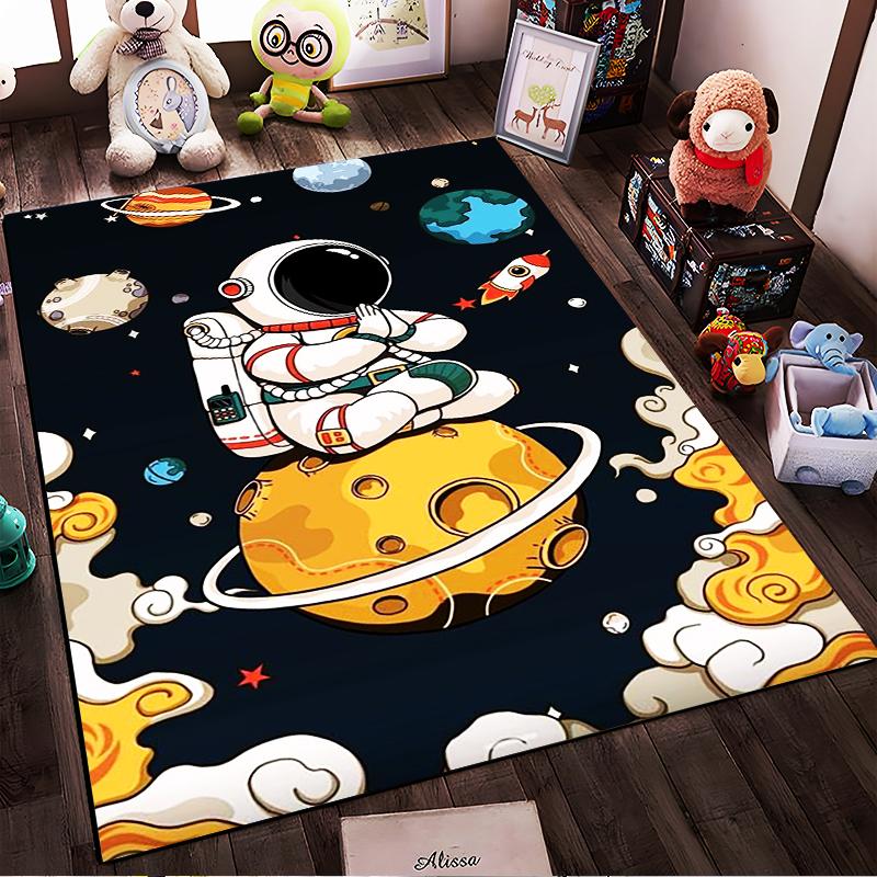 "Cartoon Astronaut Sitting on Planet Space Theme Carpet Rug Design" Suitable for use as an anti-slip for living room bedroom sofas