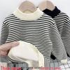 Boys' Fleece-Lined Striped Pullover Sweater for Autumn/Winter - Fashionable Mid-to-Large Children’s Knit Top