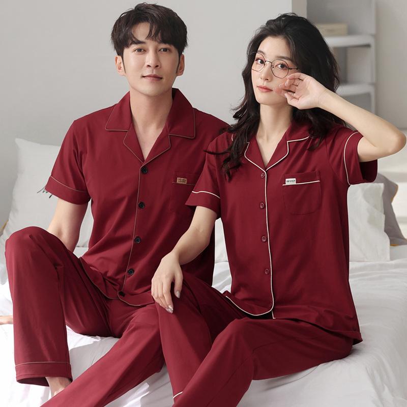 1011 Summer New Couple Pajamas Pure Cotton Red Natal Year Short-sleeved Trousers Set Wedding Men's and Women's Loungewear