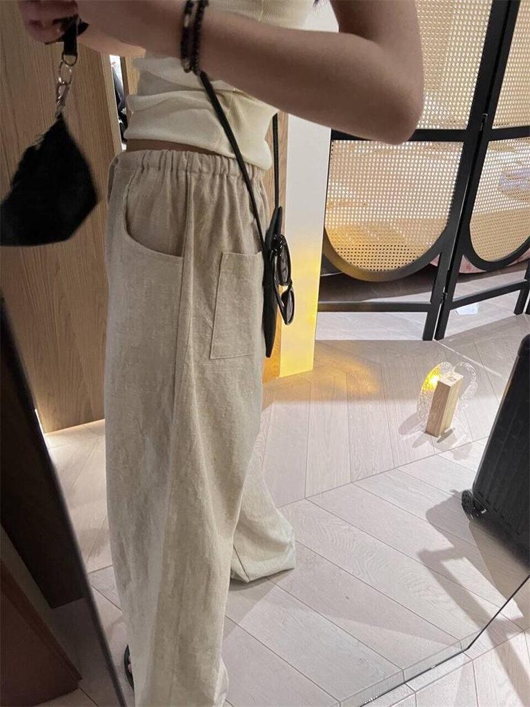 Women's Spring 2026 Ramie Cotton-Linen Wide-Leg Pants with Elastic Waist and Drawstring – Old Money Style, Relaxed Fit