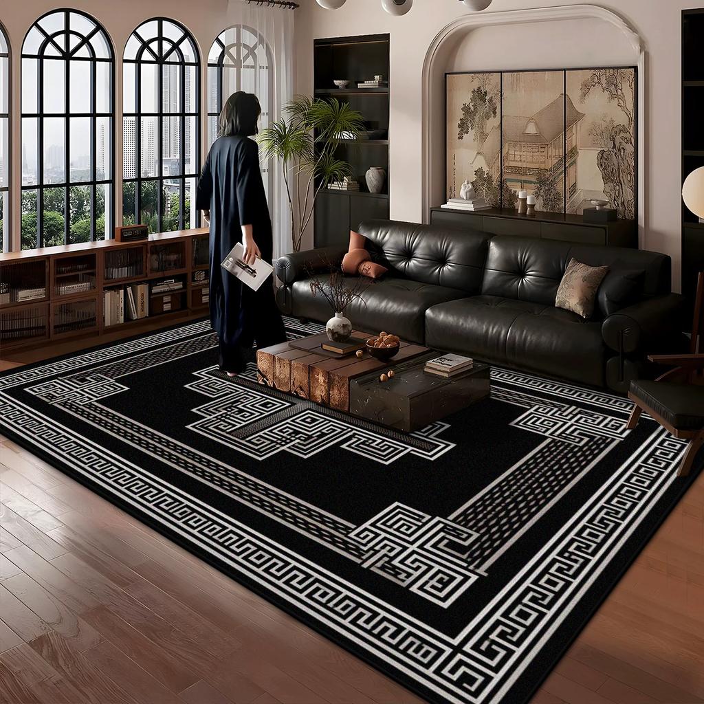 Chinese Style Border Design Carpet Large Area Living Room Antiskid Decoration Rugs Black Bedroom Washable Foot Mat Customizable