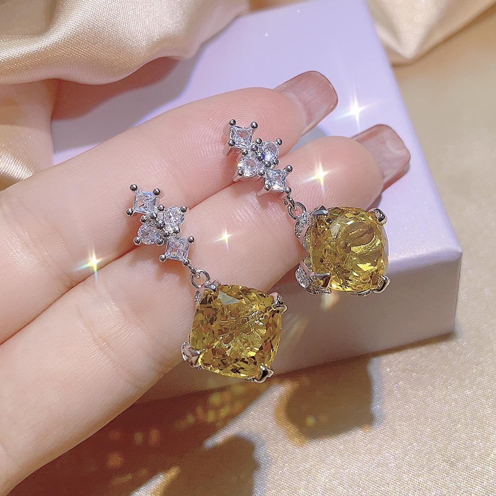 Fat Square 15 Set Yellow Diamond Kratopa Stone Pendant Violet Stud Earrings Aquamarine Fanta Color Treasure Ring