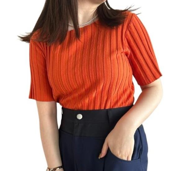 

[Zampa] Pullover Sweater, Wide Rib Half Sleeve Knit, Women s, Orange