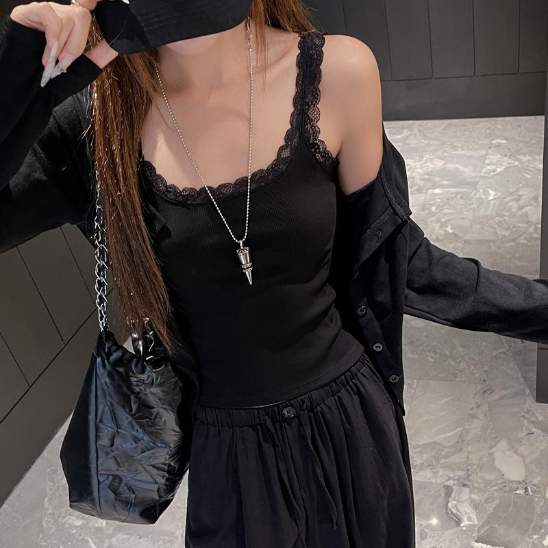 Pure lace base with small suspender vest inside, women's spring and summer slim-fit threaded outer sleeveless Spice Girl top
