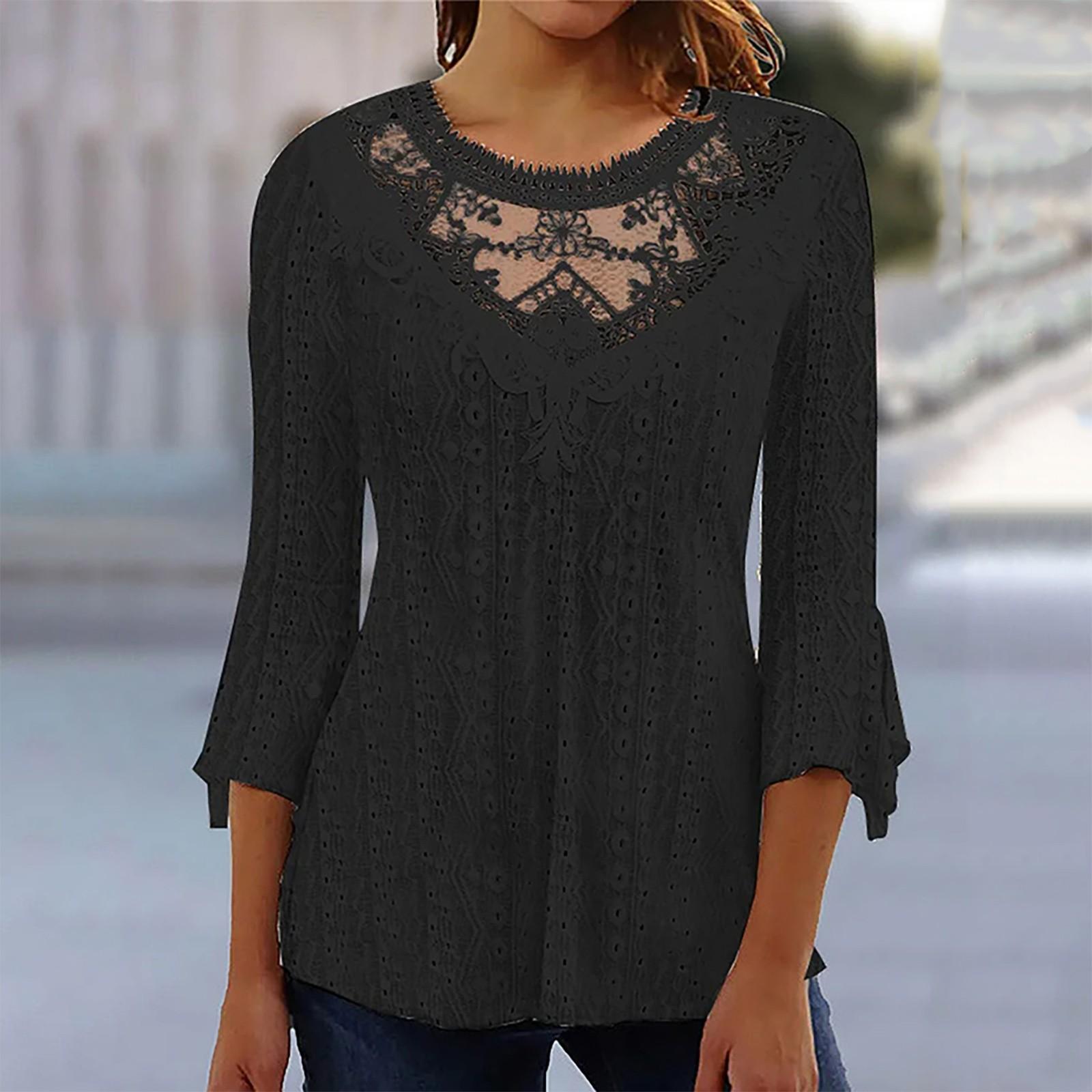 

Comfortable And Casual Women s Color Hollowed Out Lace Patchwork 3/4 Sleeve Top L чёрный