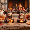 Country Home Ornament 2PCS Highland Cow Ornament, Wooden Rustic Style Figurine, Thanksgiving Figurines Theme Wood Art, for Entrance Living Room Decor