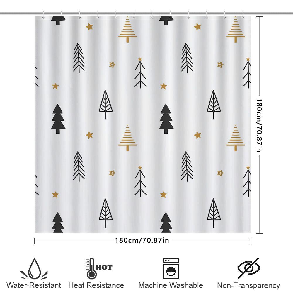 Gold Star Pine Tree Shower Curtain Christmas Bathroom Decor for Home Decoration Waterproof 180 x 240cm White