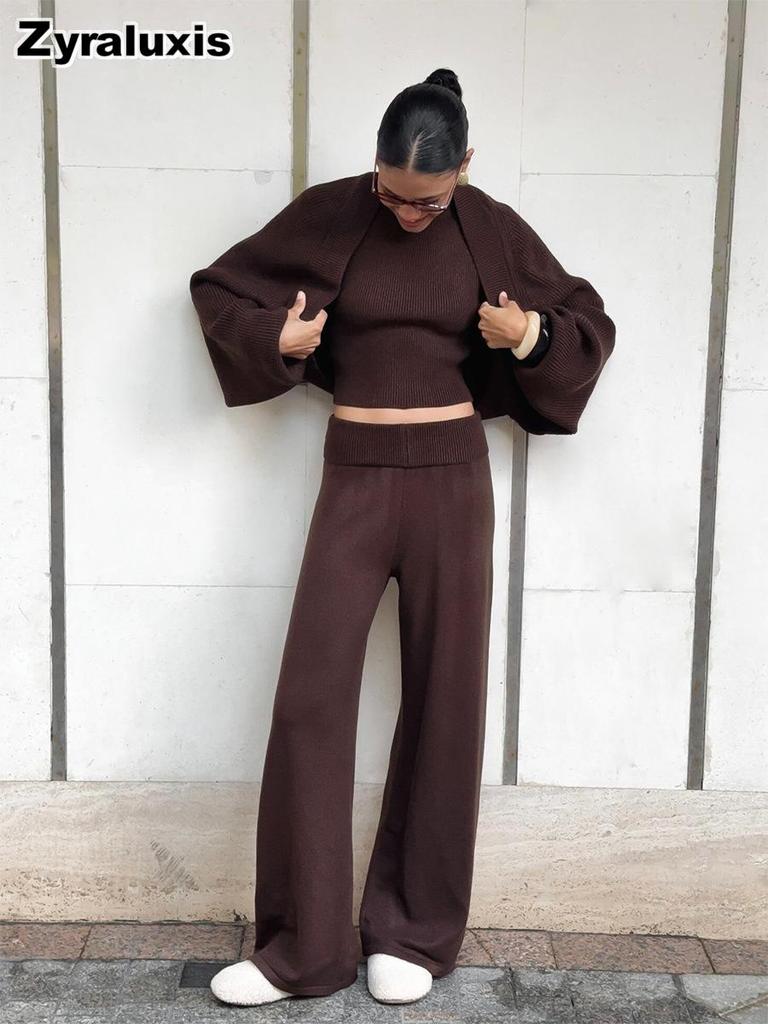 Three-piece Set, Autumn, Knitted Sweater with Loop Neck Camisole High-waisted Wide Leg Pants Suit