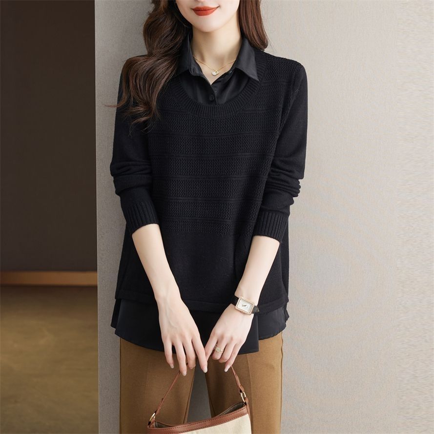 Korean Fake Two-piece Shirt Knitted Women's Spring Autumn Fashion Loose Sweater Bottoming Shirt Female Knitwear Tops