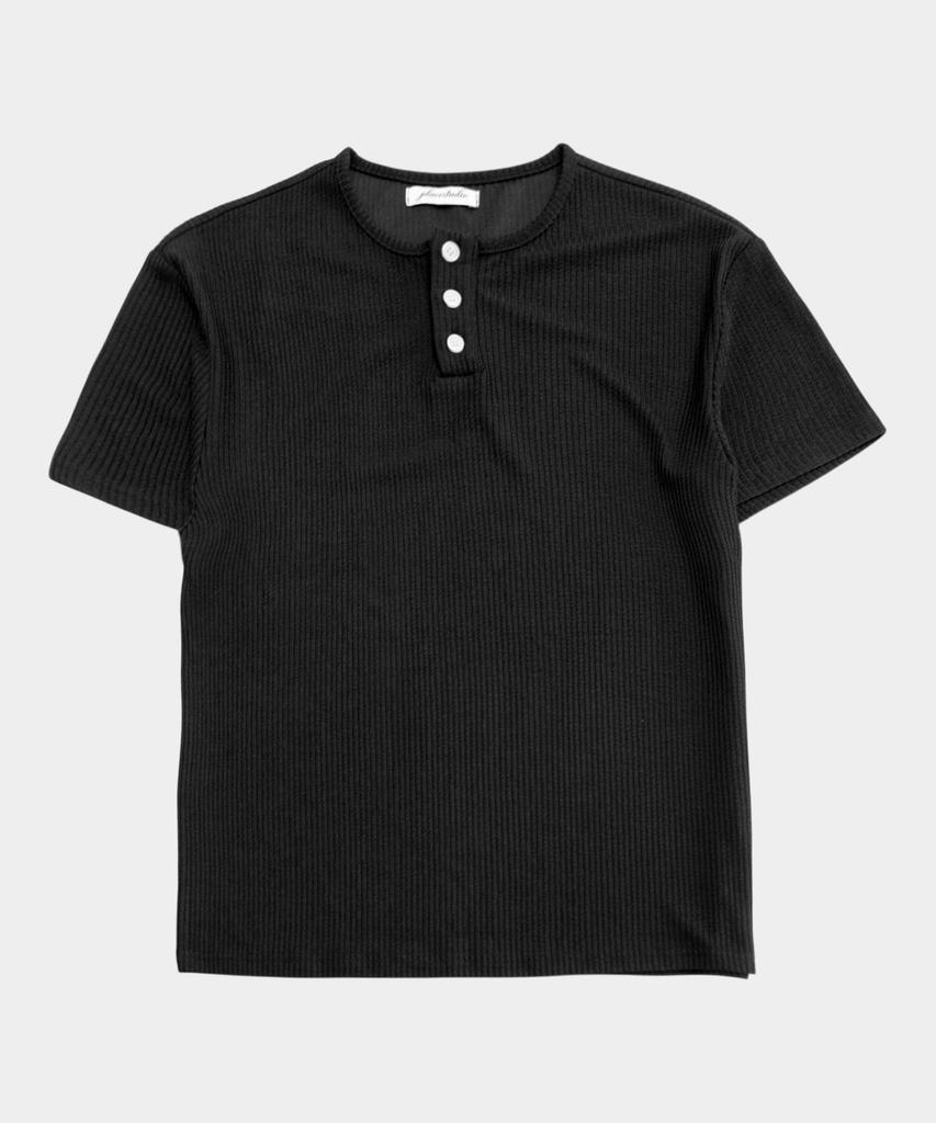 PLACESTUDIOMAN Basic Cotton Waffle Snap Point Henley Neck Semi-Oversized Short Sleeve T-Shirt _3 Colors