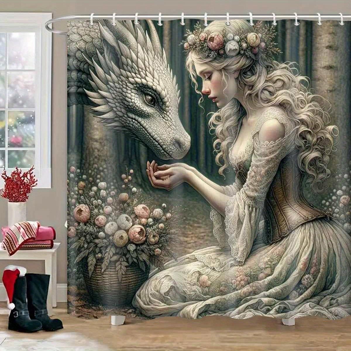 Happy Adults Toys Enchanted Forest Princess And Dragon Waterproof Shower Curtain For Bathroom Decor, Unique Art Design, Vibrant Colors