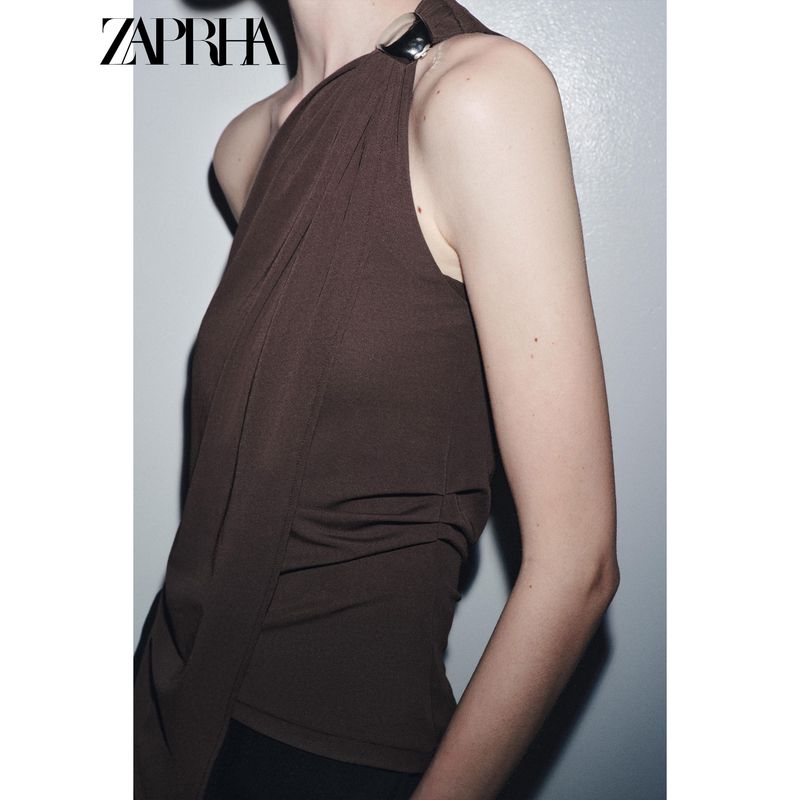 Zaprha 2025 Autumn New Gyaru Simple and Versatile Crepe Asymmetric Decorative Layer Sloping Shoulder Top 1198452