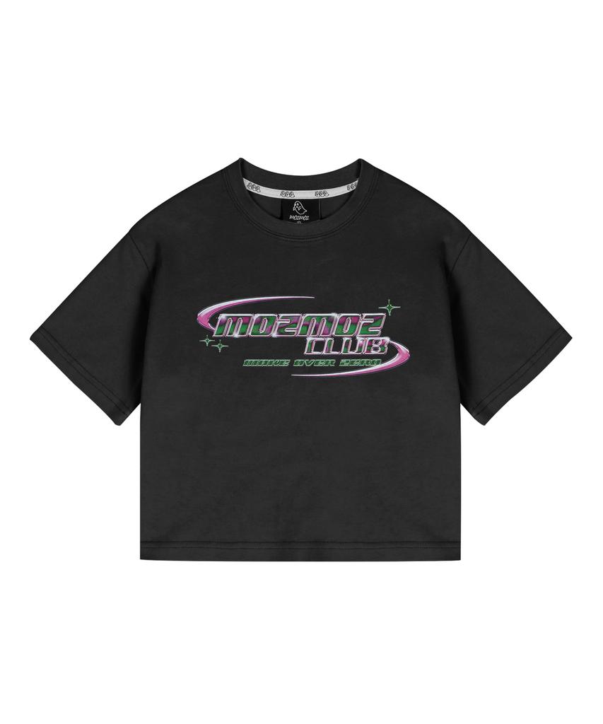 MOZMOZ Y2K Logo Semi-Crop Short Sleeve T-Shirt Black