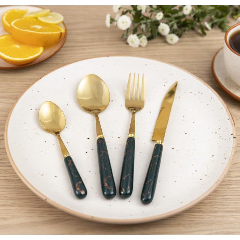 Stainless Steel Golden Small Fork Set for Home Kitchen Cutlery Dinner Table with Green Ceramic Handle Design Salads and Fruit Fork