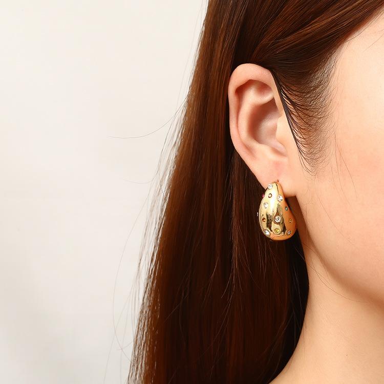 Diamond Water Drop Stainless Steel Earrings 18K Gold-plated Exquisite Light Luxury Style Women's Earrings