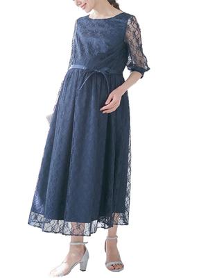 Maternity Nursing All Long with Satin Ribbon Formal Navy X Navy 29290303 [ANGELIEBE] Dress, Clothes, Lace, Dress, Belt, Prenatal, Postnatal, L-LL